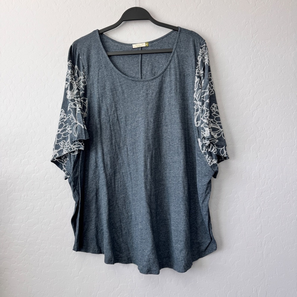 Chalet XLarge Top Blue Half Sleeve Floral Dolman Relaxed Lagenlook C32808